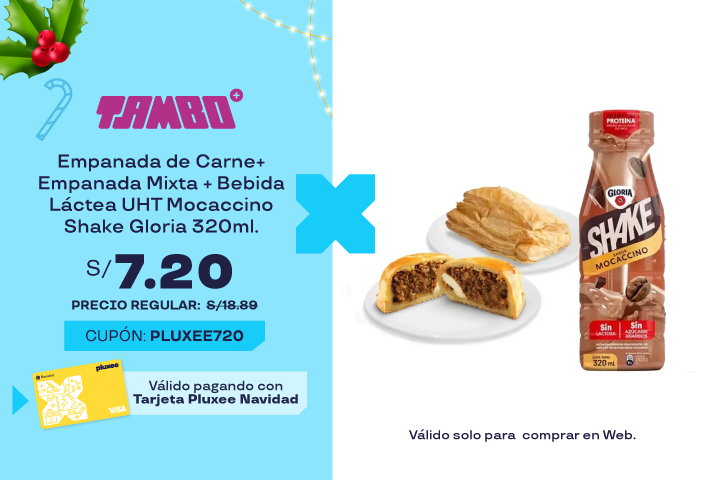 EMPANADA DE CARNE+ EMPANADA MIXTA + BEBIDA LÁCTEA UHT MOCACCINO SHAKE GLORIA 320ML. PRECIO PROMO: S/.7.20.PRECIO REGULAR: S/.10.90. VÁLIDO SOLO PARA C